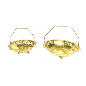 Vintage Mid Century Gold Tone Metal Baskets With Collapsible Handles - Set of 2