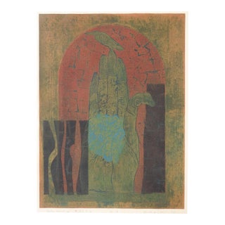 1971 Abstract Hand and Bird Woodblock Print For Sale