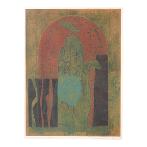 1971 Abstract Hand and Bird Woodblock Print