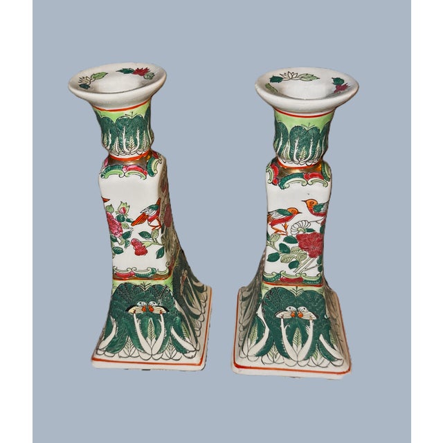 Vintage Chinese Famille Verte Bok Choy Porcelain Candlestick Holders - A Pair For Sale - Image 4 of 14