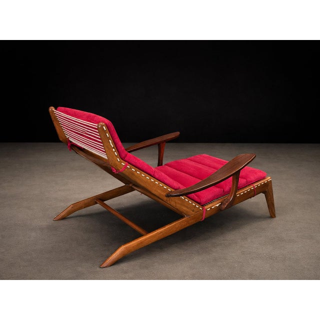 Wood Brazilian Modern Chaise Lounge in Caviúna Wood & Fabric by Pierre Weckx, Brazil, 1950s — Lot 573A For Sale - Image 7 of 17