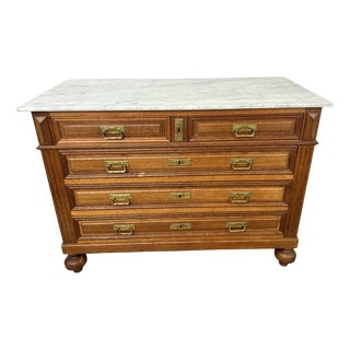 Antique French Oak Marble Top Carved Chest of Drawers For Sale