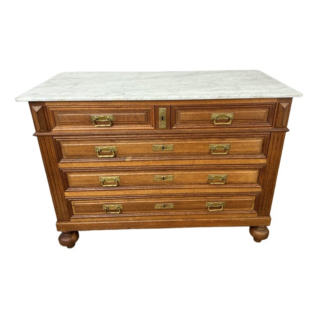 Antique French Oak Marble Top Carved Chest of Drawers For Sale