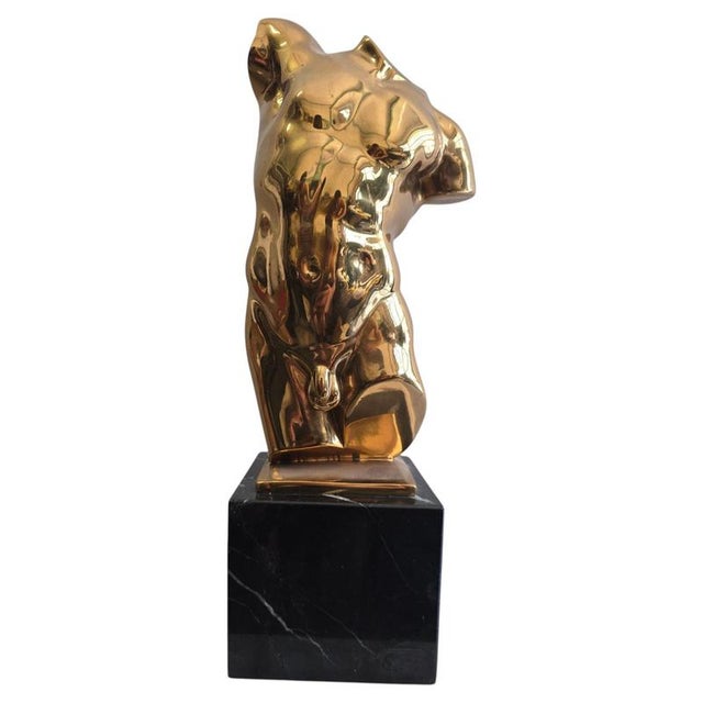 Italian Artist, Gilt Bronze Male Torso on Black Marble Base, 1950s, Bronze For Sale - Image 13 of 13