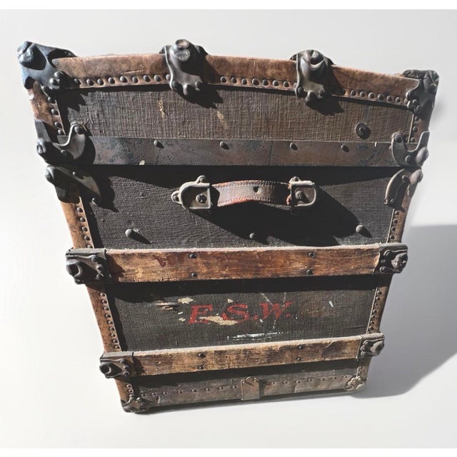 Wood Early 1900s European Antique Travel Trunk With Wood Slats & Metal Hardware For Sale - Image 7 of 12