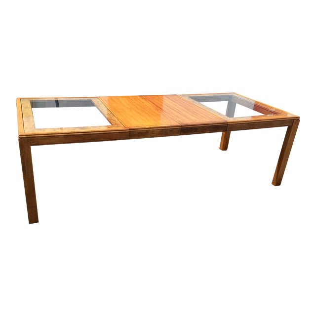 1970s Brutalist Glass Top Oak & Burl Wood Extendable Dining Table