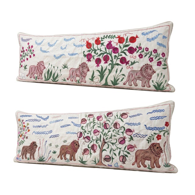 Mid-Century Modern White Lion Suzani Lumbar Pillow Cover 18'' X 54'' - Set of Two For Sale - Image 3 of 4