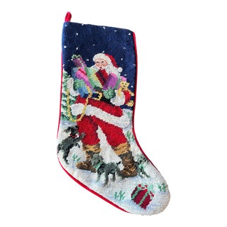 Late 20th Century Vintage Needlepoint Christmas Stocking Santa Claus & Dog For Sale