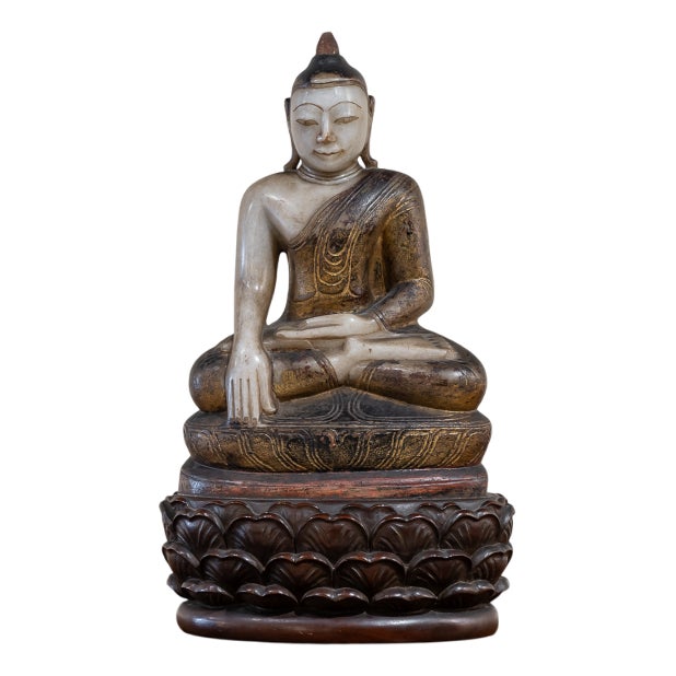 Burmese Artist, Buddha Sculpture, 1700s, Alabaster & Wood For Sale