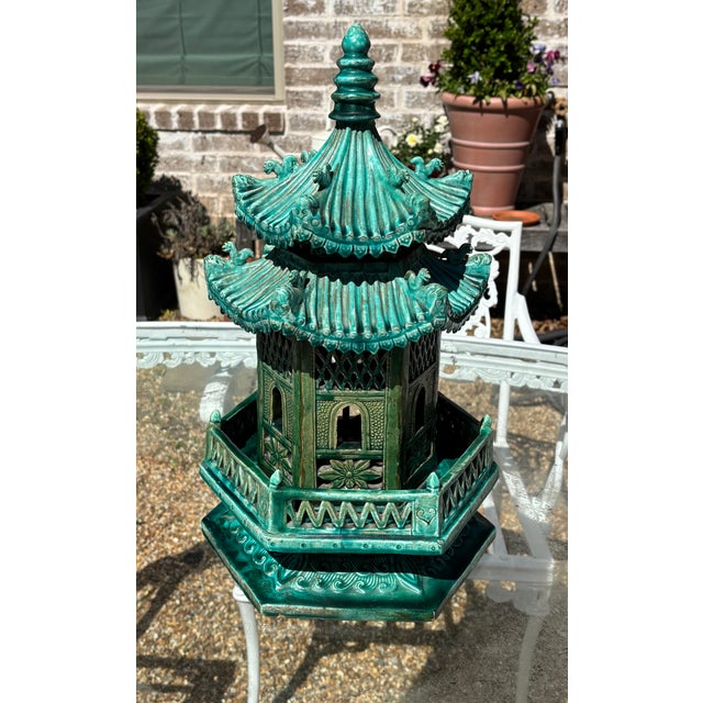 Ceramic Vintage Large Scale Palm Beach Style Green Glazed Pagoda Centerpiece For Sale - Image 7 of 18