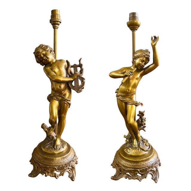 French Gilt Bronze Putti Lamps by Aug. Moreau, 1890s, Set of 2 For Sale - Image 3 of 8