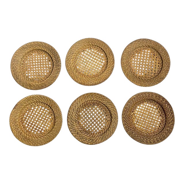 Vintage Boho Rattan Charger Plates - Set of 6 For Sale