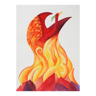 Late 20th Century Abstract Phoenix Bird Watercolor Painting For Sale