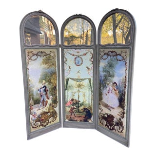 1960s Louis XVI Gray Beech Room Divider Screen, Upholstered, 3 Panel For Sale