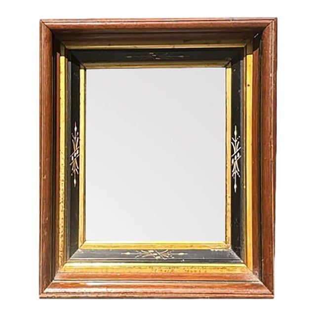 Antique Small Victorian Ebonized and Gilded Wall Mirror With Reverse Painted Glass Stacked Frames For Sale