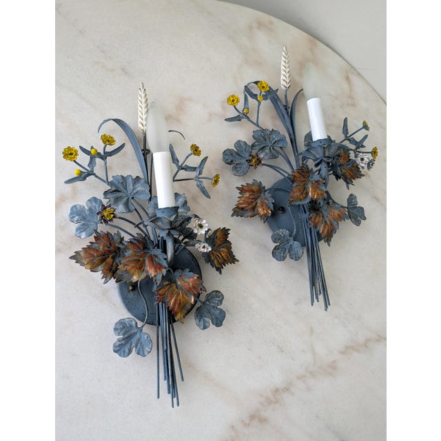 1940s Antique Italian Tole Electric Wall Sconces, a Pair For Sale - Image 4 of 9