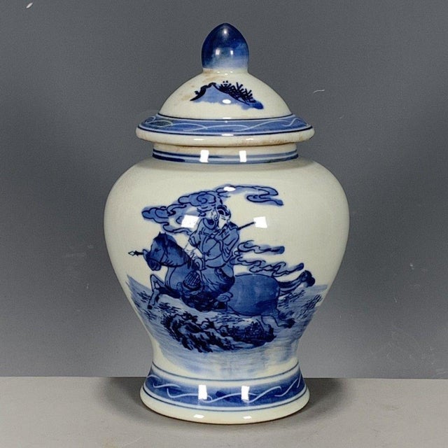 Ceramic Vintage Blue & White Ginger Jar With Warrior on Horse For Sale - Image 7 of 9
