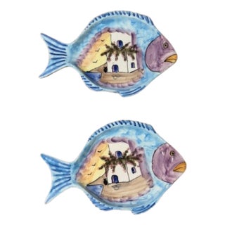 Vintage Mediterranean Hand Painted Ceramic Fish Shaped Platters - A Pair For Sale