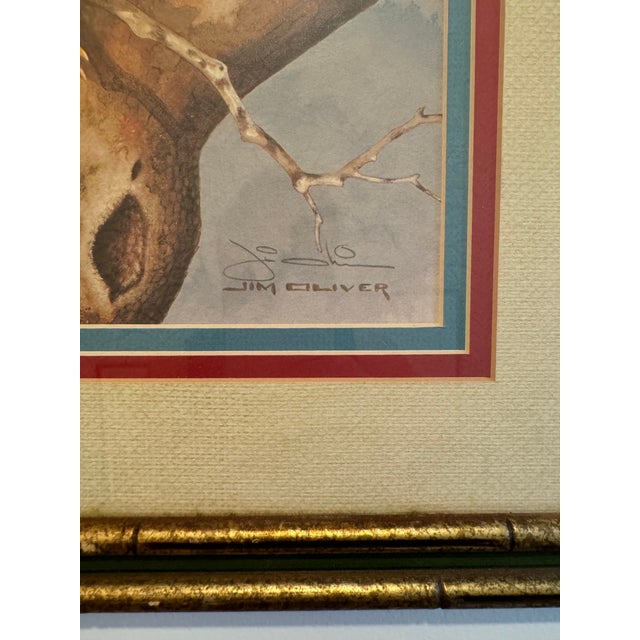 1980s Signed Jim Oliver Print of 2 Wood Ducks in Gorgeous Gold Bamboo Frame For Sale - Image 4 of 11