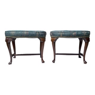 1980’s Hekman Queen Anne Upholstered Foot Stools - a Pair For Sale