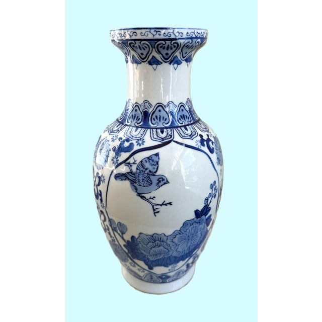 Chinoiserie Vintage Blue and White Chinese Porcelain Vase For Sale - Image 3 of 9