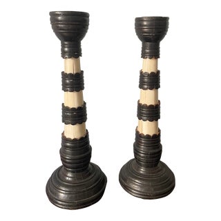 Pair of Bone and Ebony Indian Candlesticks For Sale