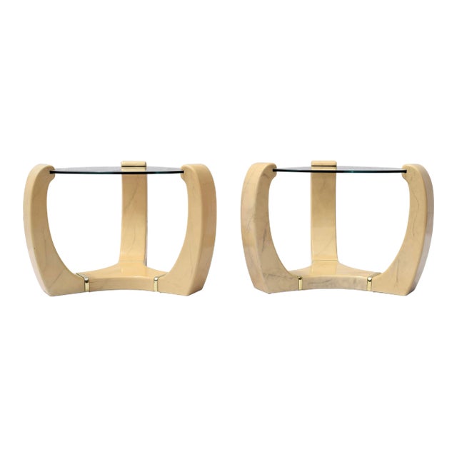 1970's End Tables by Karl Springer Faux Goatskin Brass For Sale