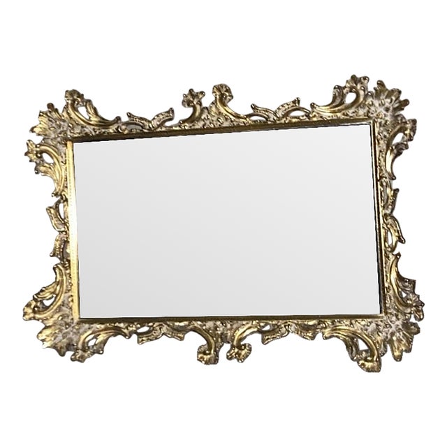 Ornate Gilt Metal Framed Mirrored Vanity Tray With Rococo-Detailing. Ornate Rococo-Style Gilded Cast Metal Table Mirror. For Sale