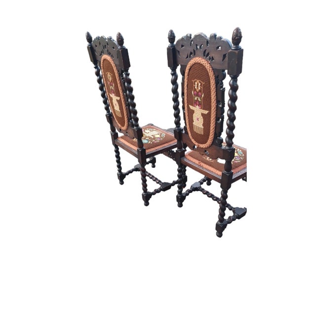 Jacobean Vintage Pair of Jacobean Wooden Carved and Embroidered Chairs For Sale - Image 3 of 6