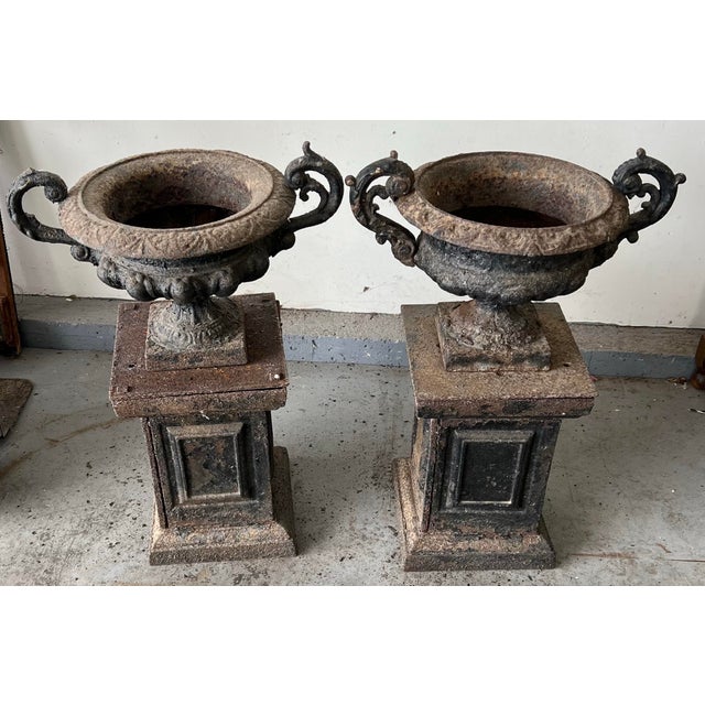 Metal Antique Cast Iron Neo Classical Urns on Plinths a Pair For Sale - Image 7 of 9