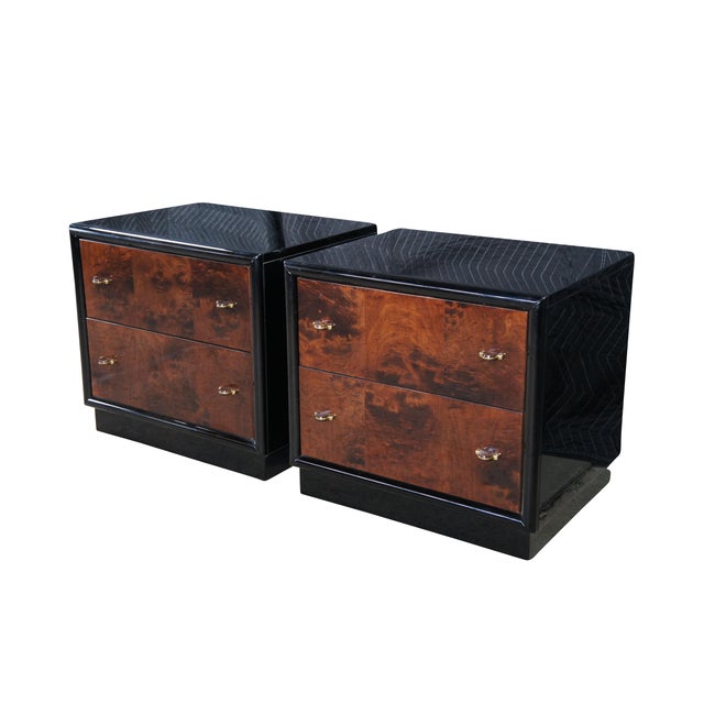 Mid-Century Modern 1980s Henredon Scene III Art Deco Walnut Burl Black Lacquer Nightstands Bedside Tables, Pair For Sale - Image 3 of 12