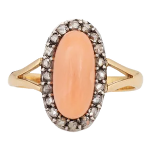 Antique Victorian Coral Diamond Ring Sz 5 Small Oval Cocktail Fine Jewellery