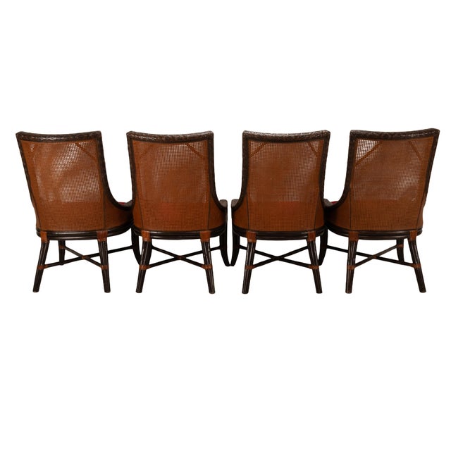Set of 4 Artistica Rattan & Bamboo Dining Chairs With Double Caned Back & Red Upholstered Seats For Sale - Image 11 of 17