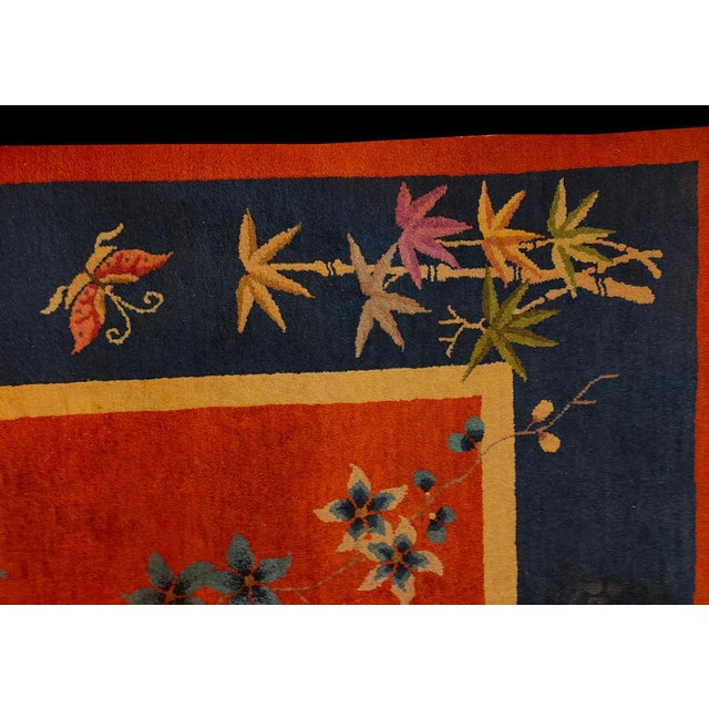 Early 20th Century 1920s Red Blue Floral Antique Chinese Art Deco Rug 8'10" X 11'8" Handknotted Wool Carpet For Sale - Image 5 of 6