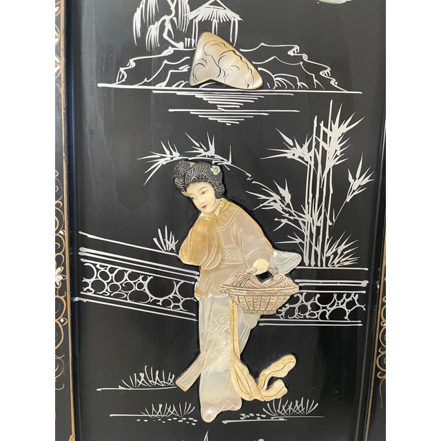 Asian Vintage Set of 3 Asian Black Lacquer Panels Geishas in a Garden With Raised Mother of Pearl For Sale - Image 3 of 6
