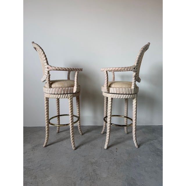 Vintage Carved Wood & Cane Swivel Bar Stools – A Pair For Sale - Image 4 of 12