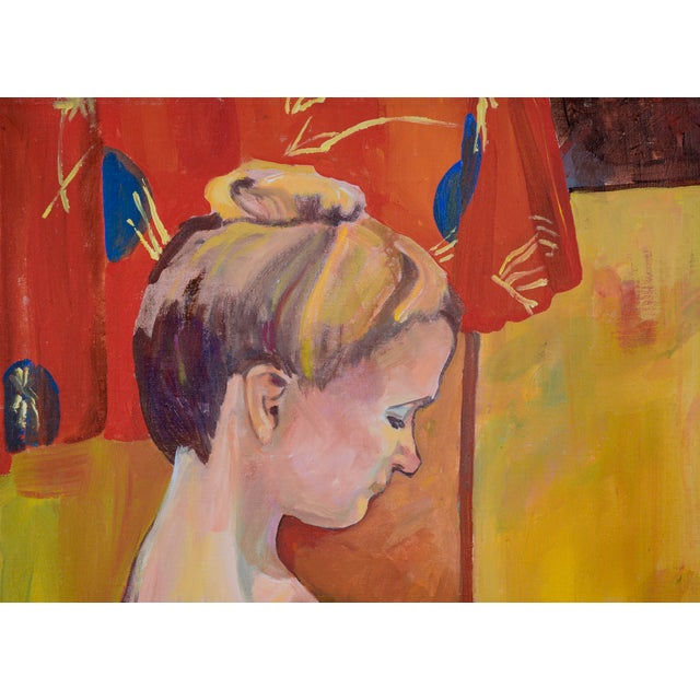 Woman in Bloom - Figurative Nude Study Oil on Canvas A nude woman, seemingly pregnant, sits reclined in a chair with her...