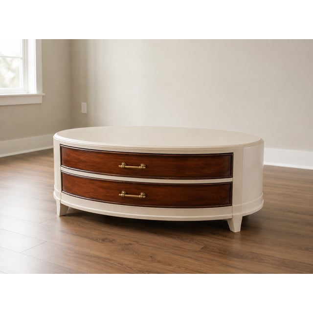Beautiful custom refinished oval coffee table featuring a sculpted clay finish paired with rich walnut-stained drawers and...
