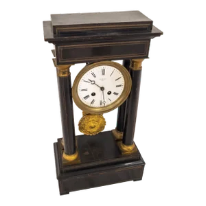 19th Century French Empire Wood and Bronze Mantel Clock With Columns