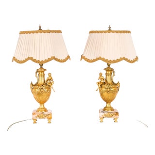 Antique Neoclassical Ormolu and Pink Marble Table Lamps, 20th Century, Set of 2 For Sale