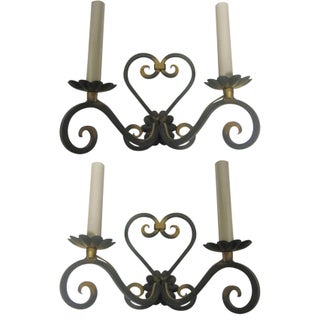 French Verde Green and Gilt Hand Forged Iron Sconces - a Pair For Sale