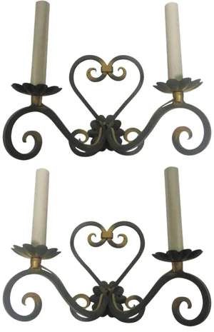 French Verde Green and Gilt Hand Forged Iron Sconces - a Pair