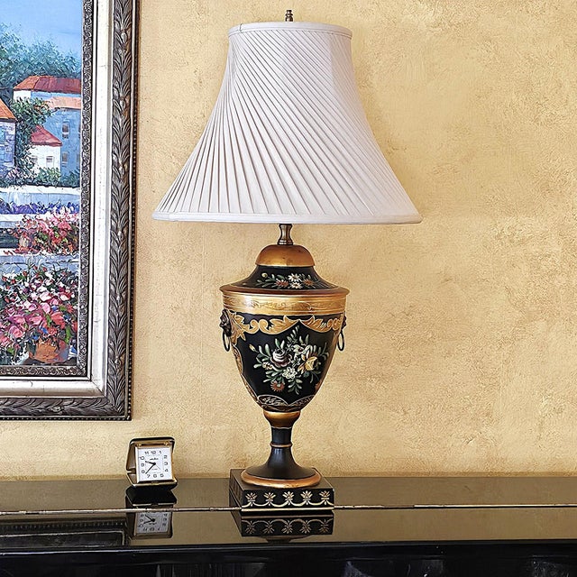Wildwood Hand Painted Toleware Urn Table Lamp, Rocky Mount Nc, Floral Black & Gold For Sale - Image 18 of 18