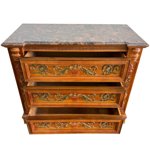 Rococo 1980s Italian Renaissance Revival Carved 3-Drawer Chest With Marble Top by Pulaski For Sale - Image 3 of 13