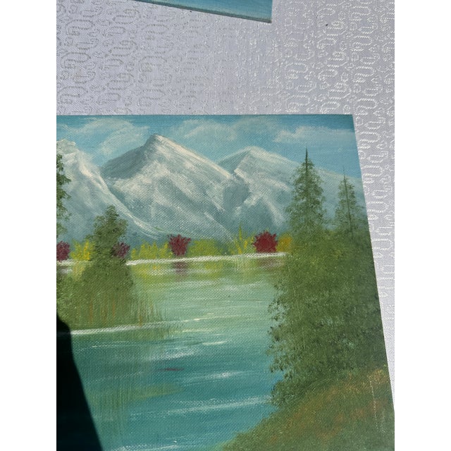 1990s 1990s Riverside and Mountains Landscape Painting With Colorful Bushes on Canvas For Sale - Image 5 of 8