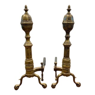 19th Century Antique American Brass and Cast Iron Fireplace Andirons W. Ball and Claw Feet For Sale