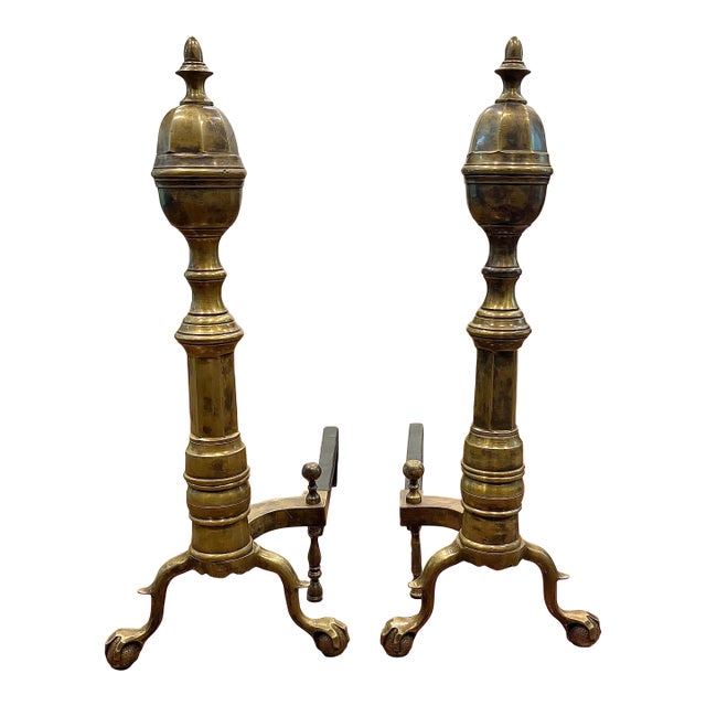 19th Century Antique American Brass and Cast Iron Fireplace Andirons W. Ball and Claw Feet For Sale