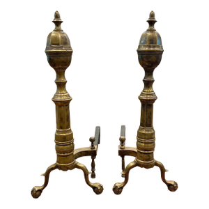 19th Century Antique American Brass and Cast Iron Fireplace Andirons W. Ball and Claw Feet