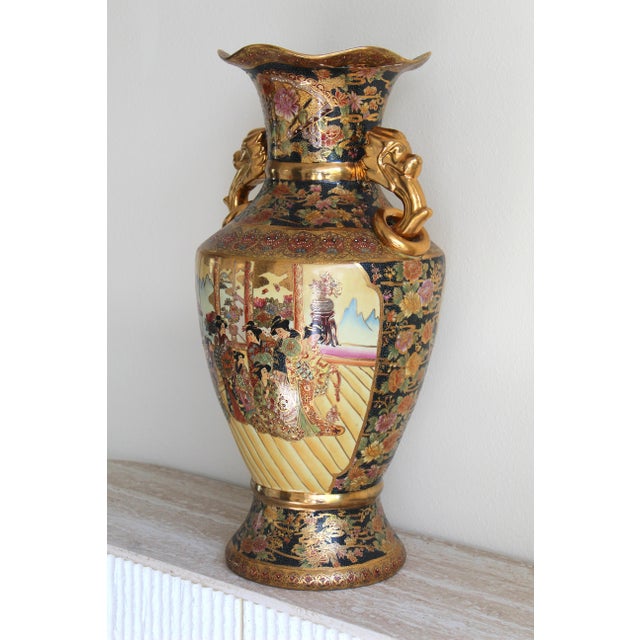 Satsuma Vintage Royal Satsuma-Style 24" Porcelain Floor Vase – Gold Gilt & Dragon Handles For Sale - Image 4 of 18