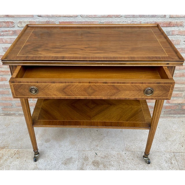 Neoclassic French Marquetry Side Table With One Drawer And Wheels 1940s For Sale In Miami - Image 6 of 18